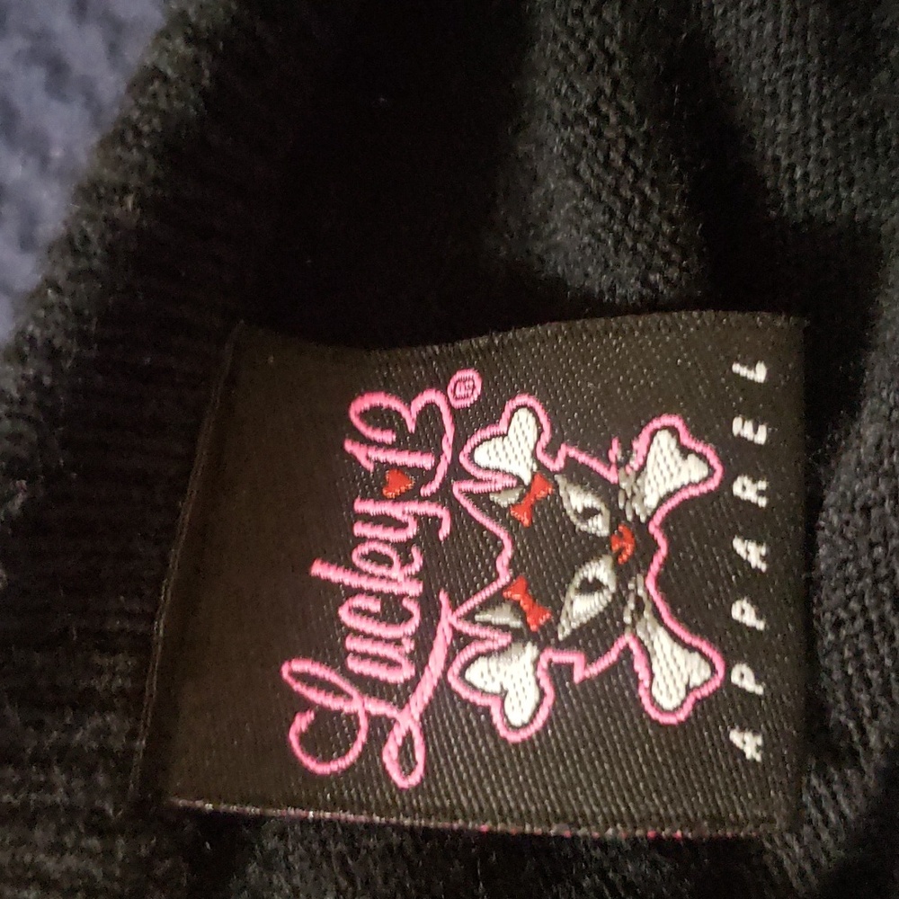 WOMANS PREOWNED LUCKY 13 APPAREL BLACK BUTTON SWEATER WITH SPIDER CHARACTER SZ M - Picture 8 of 9